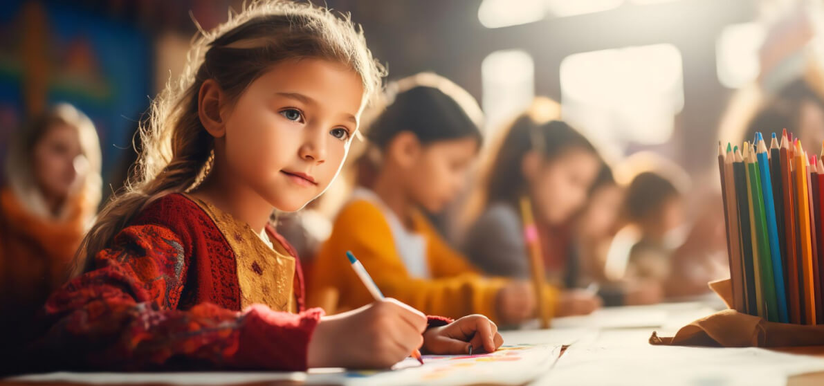 Child at a desk in the morning