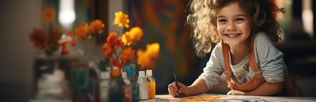 Child painting with an educator, surrounded by flowers